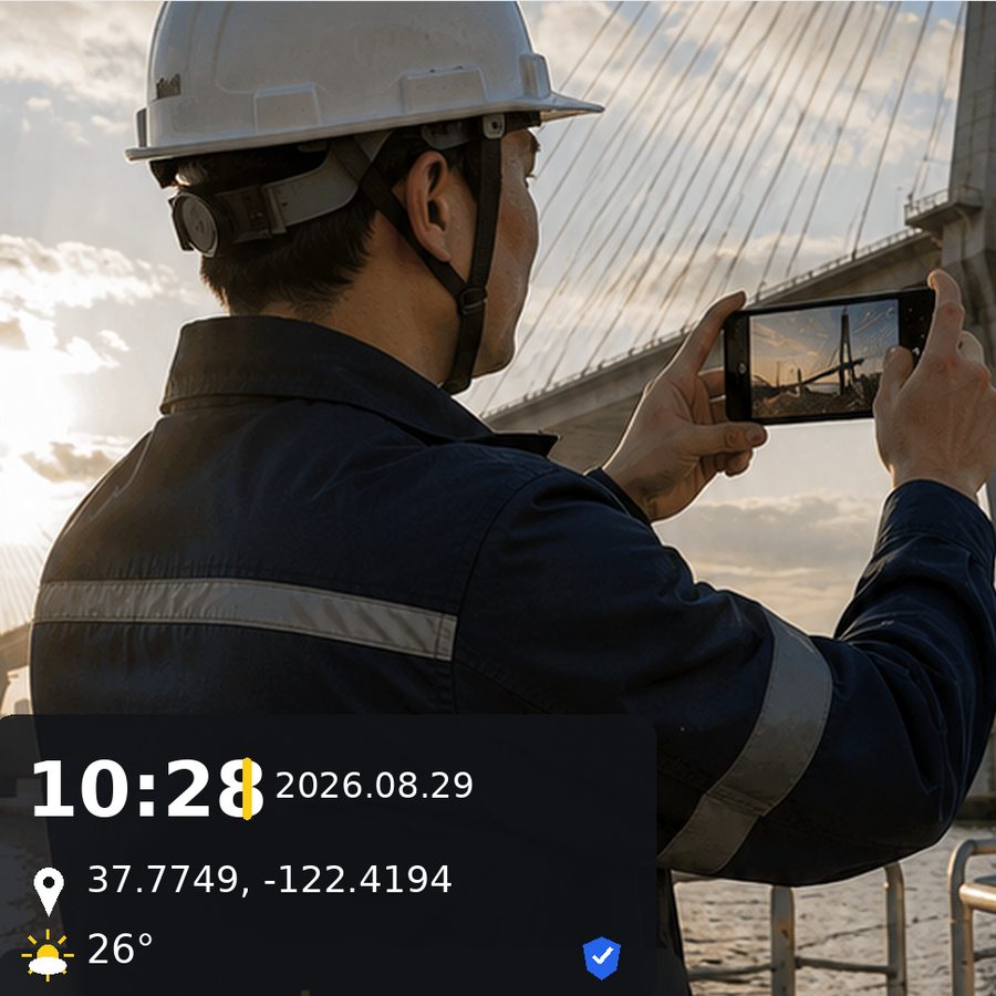 A finished WorkMark Camera shot from a bridge site, stamped with the time and location