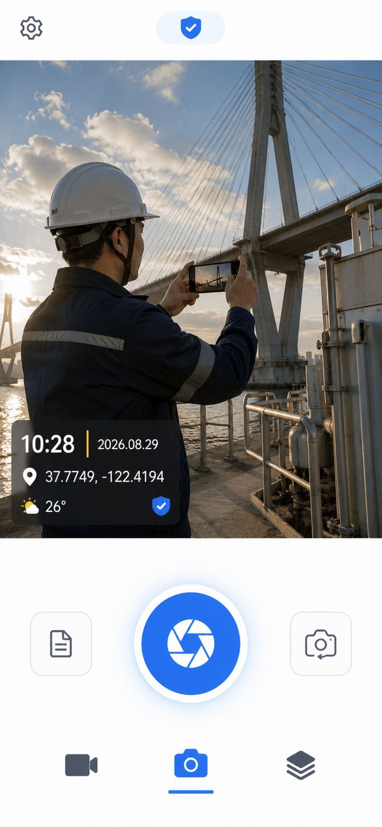 The WorkMark Camera viewfinder: a bridge construction site, with time, location and weather stamped in live at the bottom of the frame