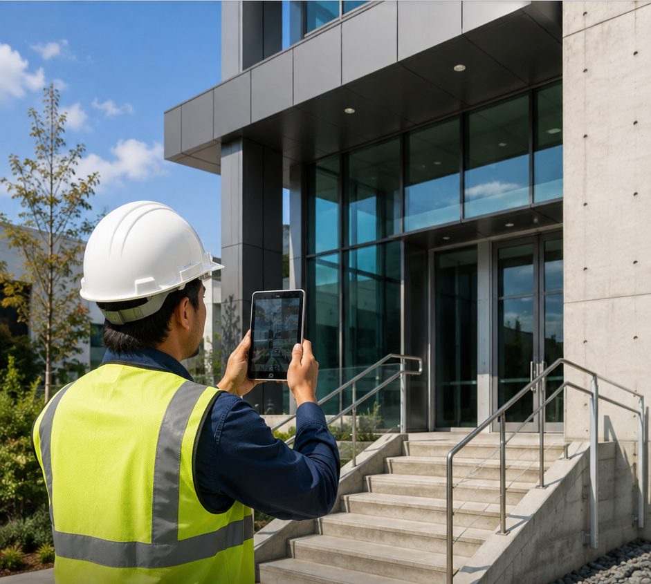 A worker photographing a building site for the record