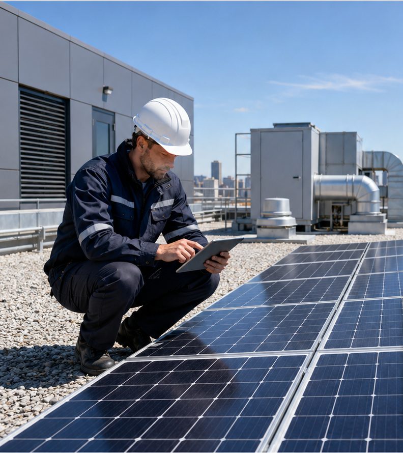 A technician documenting work on a rooftop solar array